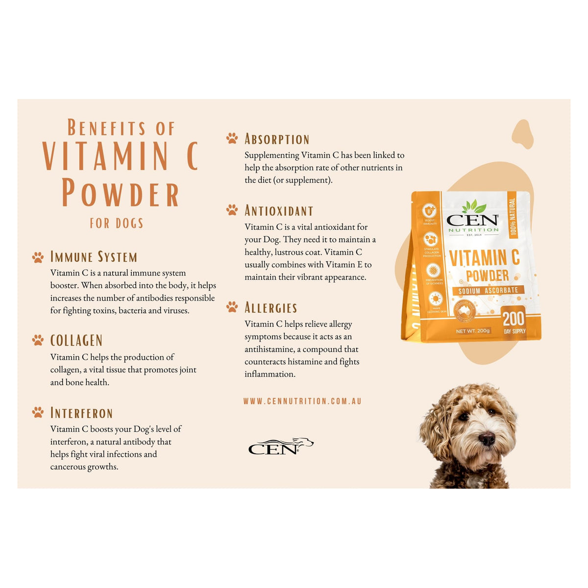 CEN Vitamin C Powder for Dogs &amp; Horses 200g - Sodium Ascorbate