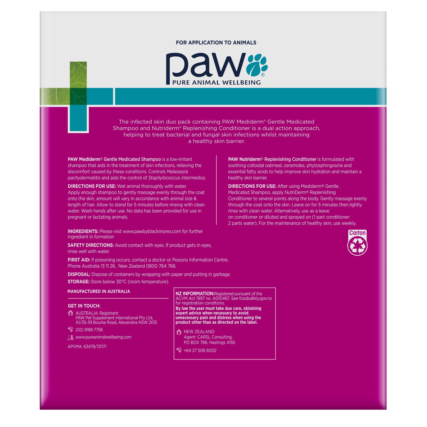 PAW MediDerm/NutriDerm Infected Skin Shampoo & Conditioner Duo Pack