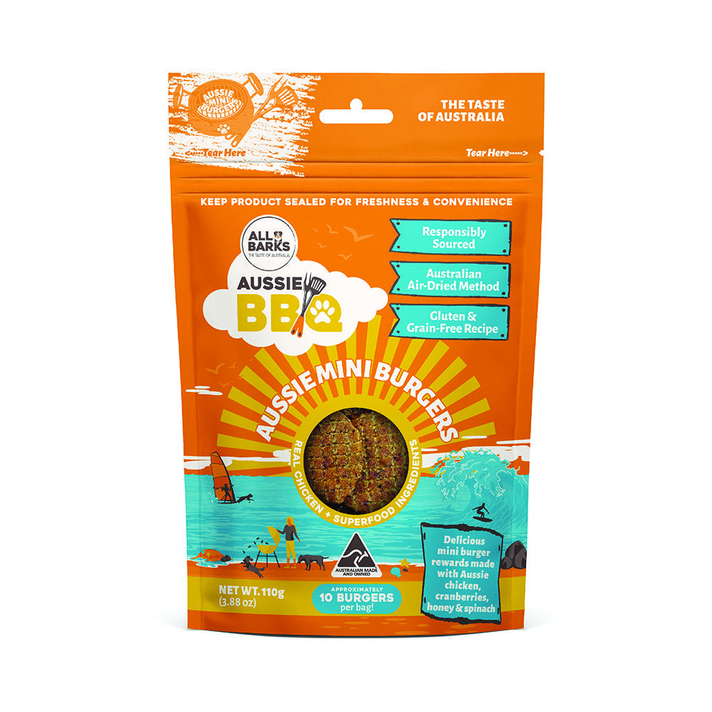 All Barks Aussie BBQ Mini Burgers Chicken & Superfoods Dog Treats 110g