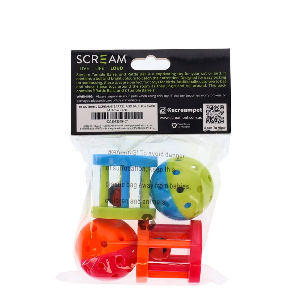 Scream Barrel &amp; Ball Toy Pack for Cats/Birds - 4 Pack