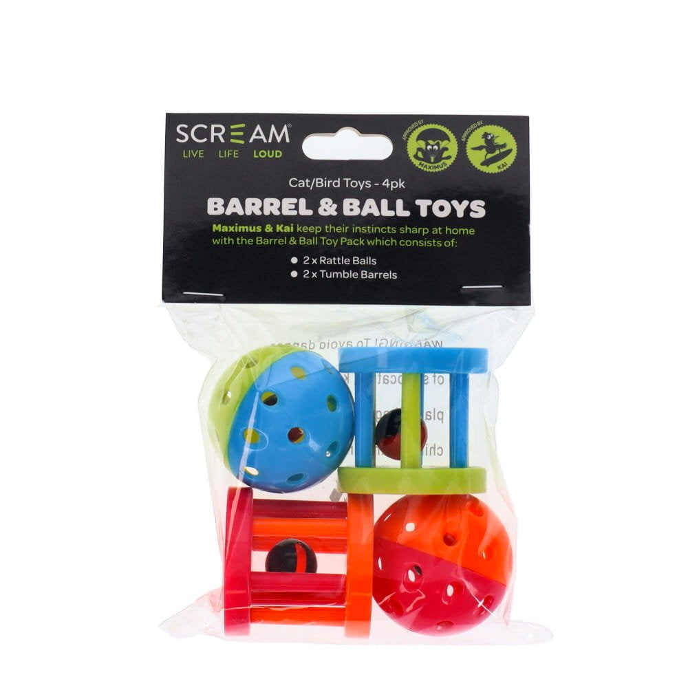 Scream Barrel & Ball Toy Pack for Cats/Birds - 4 Pack