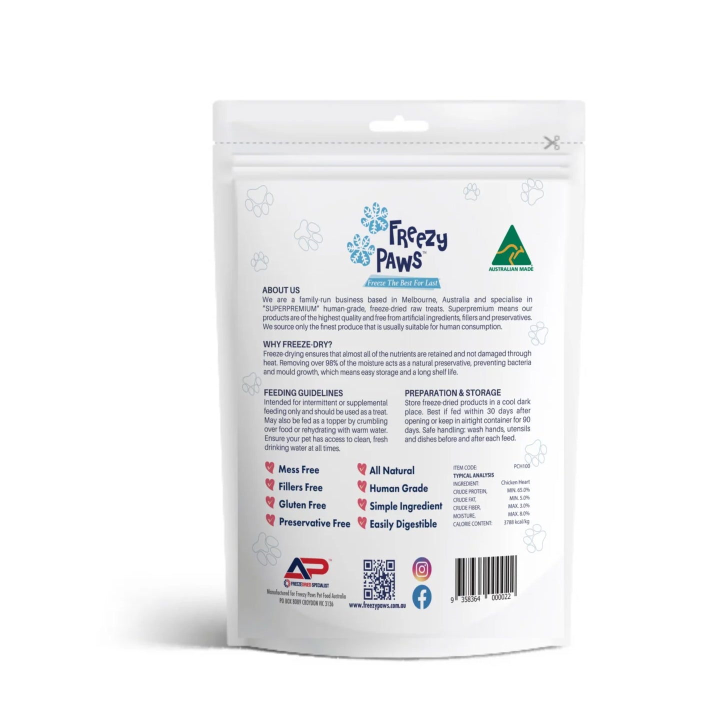 Freezy Paws Freeze-Dried Superpremium Chicken Heart Raw Treats 100g