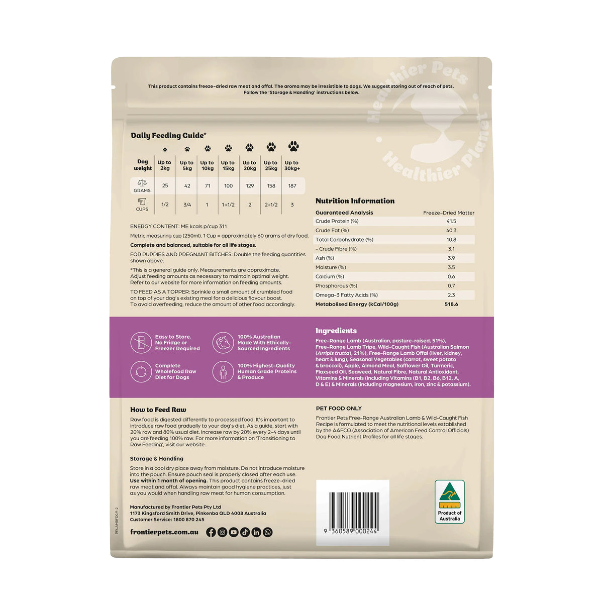 Frontier Pets Free-Range Lamb & Wild Caught Fish Freeze-Dried Raw Adult Dog Food