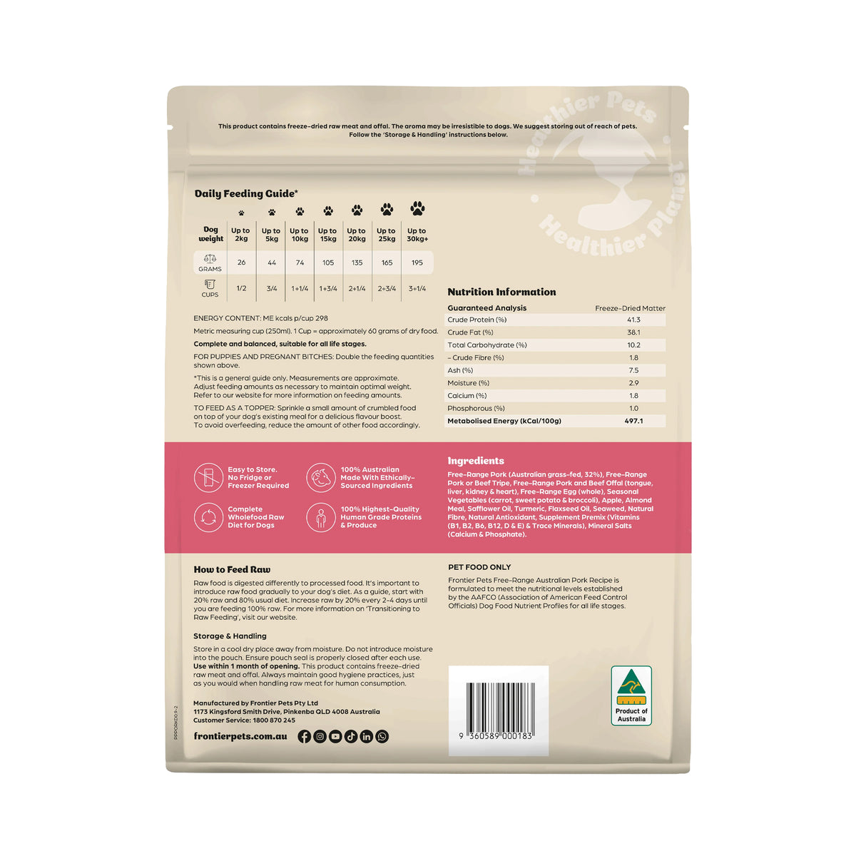 Frontier Pets Free-Range Pork Freeze-Dried Raw Adult Dog Food