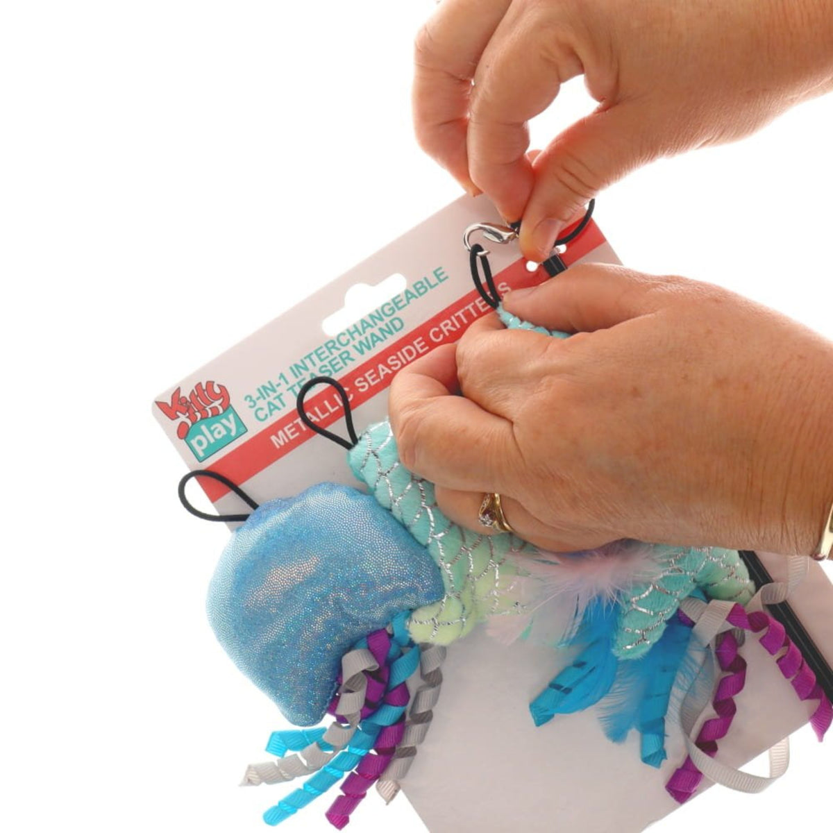 Kitty Play 3-in-1 Interchangeable Cat Teaser Wand - Metallic Sparkle Seaside Critters