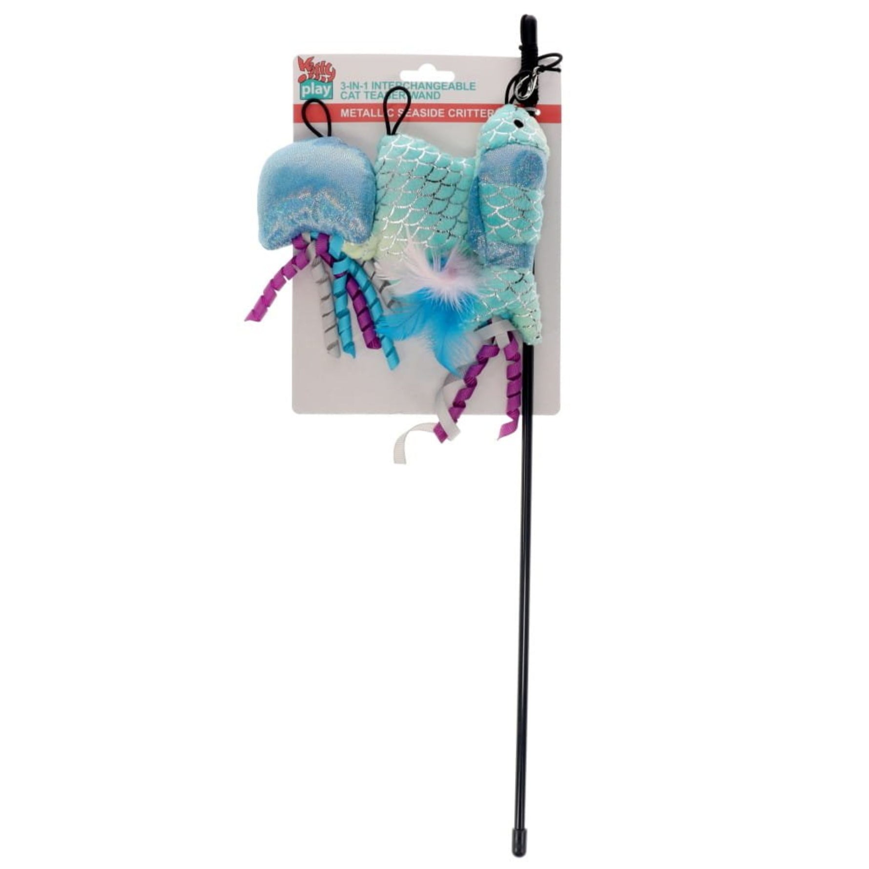 Kitty Play 3-in-1 Interchangeable Cat Teaser Wand - Metallic Sparkle Seaside Critters