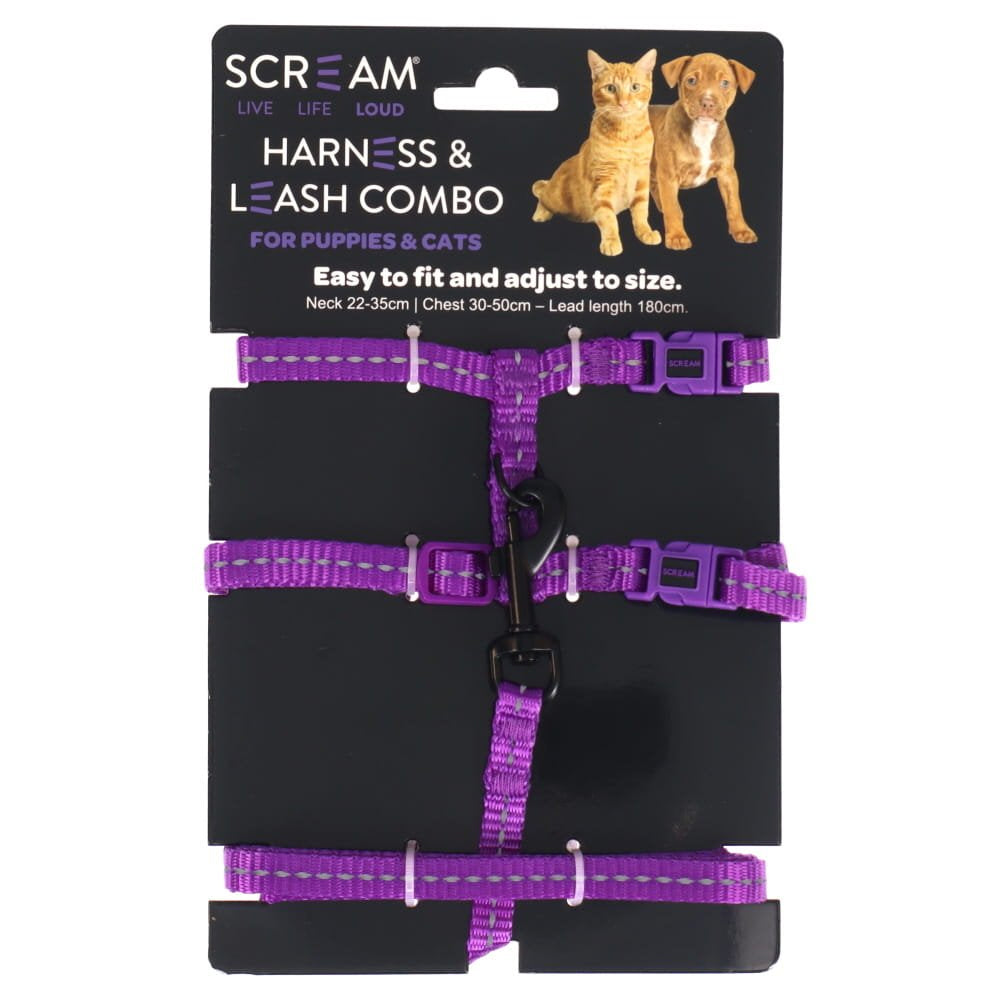 Scream Reflective Adjustable Nylon Cat/Puppy Harness & Leash Combo