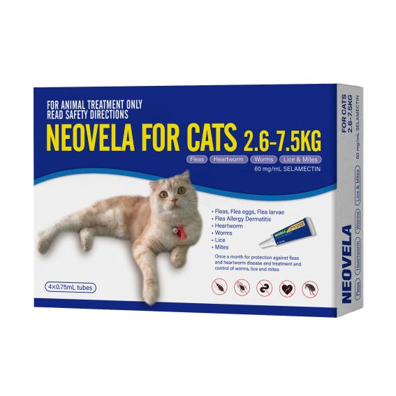 Neovela for Cats (Fleas, Heartworm, Worms, Lice & Mites) 2.6-7.5kg - 4 pack