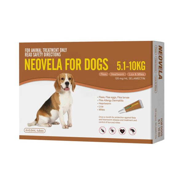 Neovela for Dogs (Fleas, Heartworm &amp; Worms) 5.1-10kg - 4 Pack
