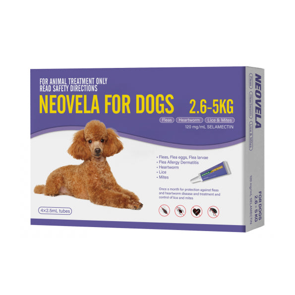 Neovela for Dogs (Fleas, Heartworm, Lice & Mites) 2.6-5kg - 4 pack