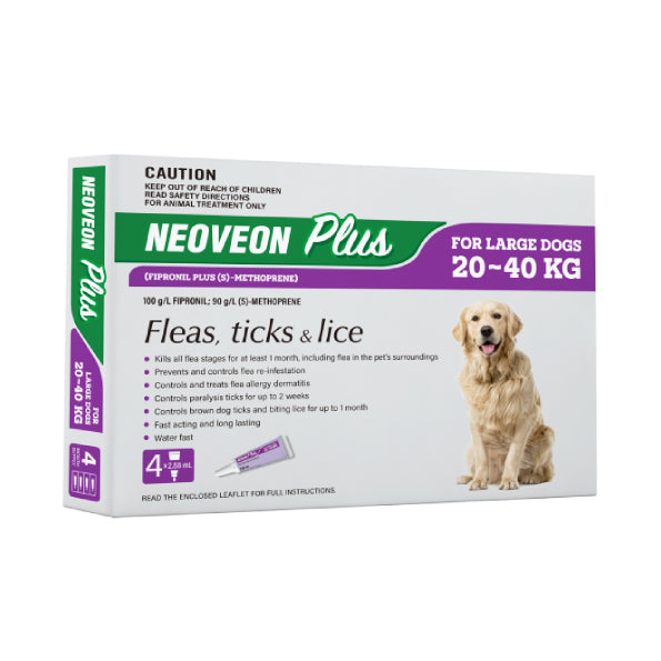 Neoveon Plus for Large Dogs (Fleas, Ticks & Lice) 20-40kg - 4 Pack