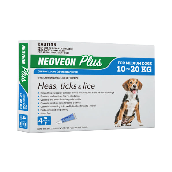 Neoveon Plus for Medium Dogs (Fleas, Ticks & Lice) 10-20kg - 4 Pack