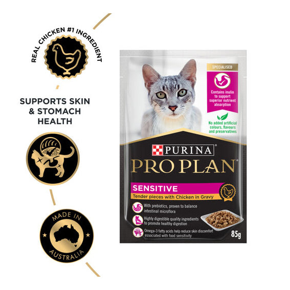 PRO PLAN Adult Sensitive Chicken in Gravy Wet Cat Food Pouches 85g x 12