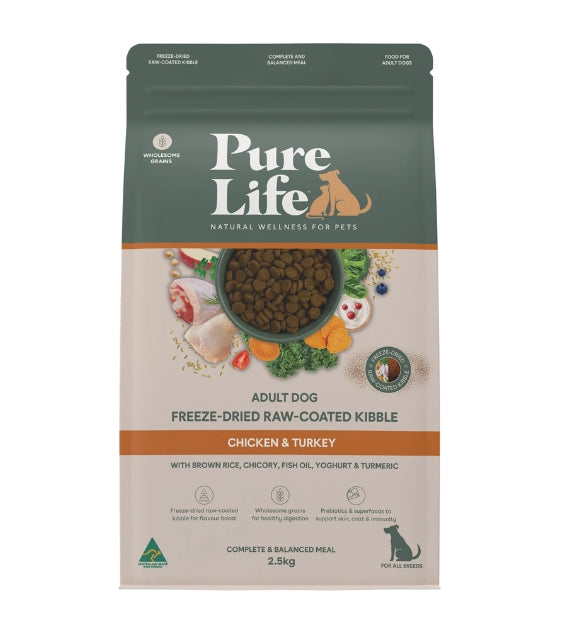 Pure Life Freeze-Dried Raw-Coated Kibble Chicken & Turkey for Adult Dogs