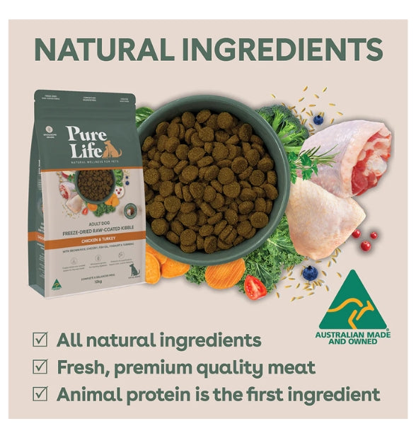 Pure Life Freeze-Dried Raw-Coated Kibble Chicken & Turkey for Adult Dogs