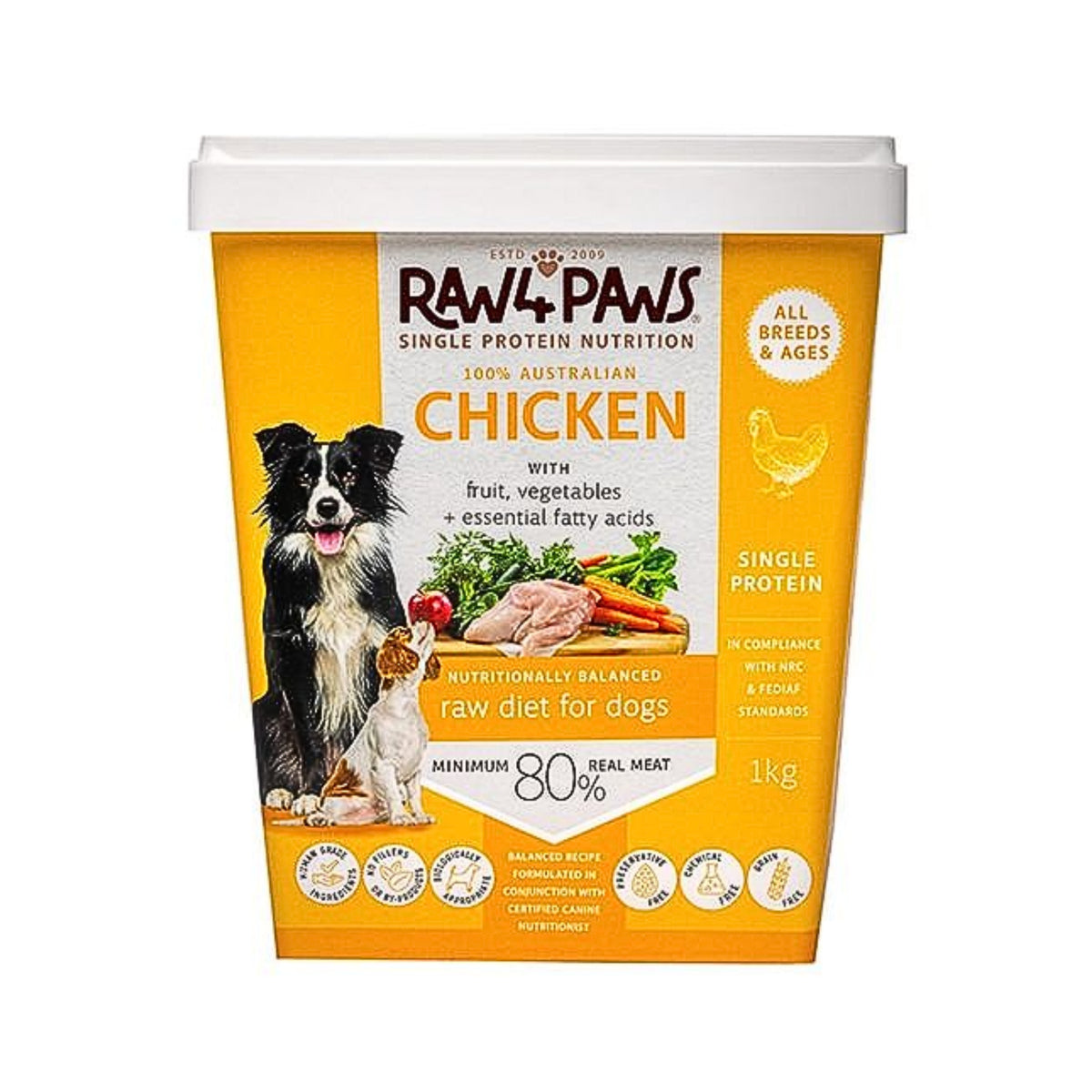 Raw Paws dog food packaging with a yellow background and white lid.