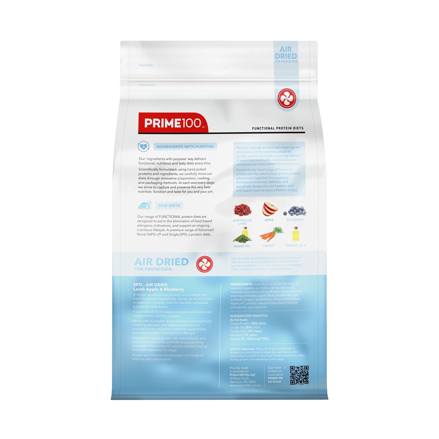 Prime100 SPD Air Dried Lamb, Apple & Blueberry Puppy