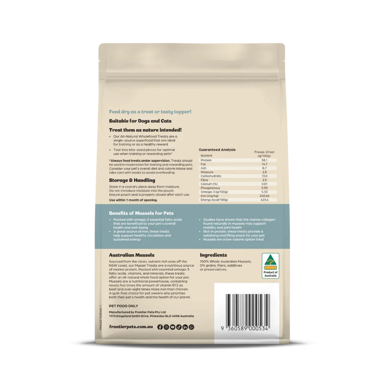 Frontier Pets Australian Mussels Freeze Dried Wholefood Treats for Dogs & Cats 50g