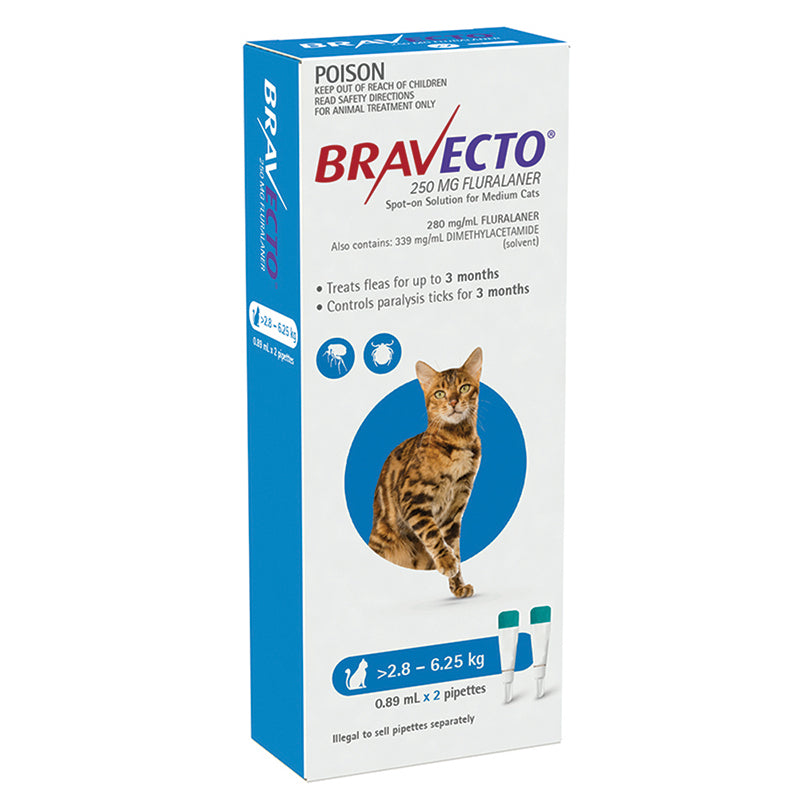 Bravecto Spot-on for Medium Cats 2.8kg-6.25kg (Blue) - 3 Month Flea and Tick Protection