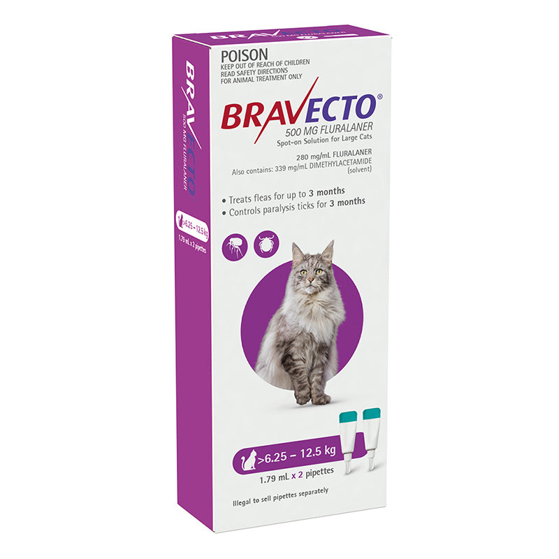Bravecto Spot-on for Large Cats 6.25kg-12.5kg (Purple) - 3 Month Flea and Tick Protection