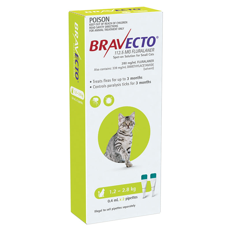 Bravecto Spot-on for Small Cats 1.2kg-2.8kg (Green) - 3 Month Flea and Tick Protection