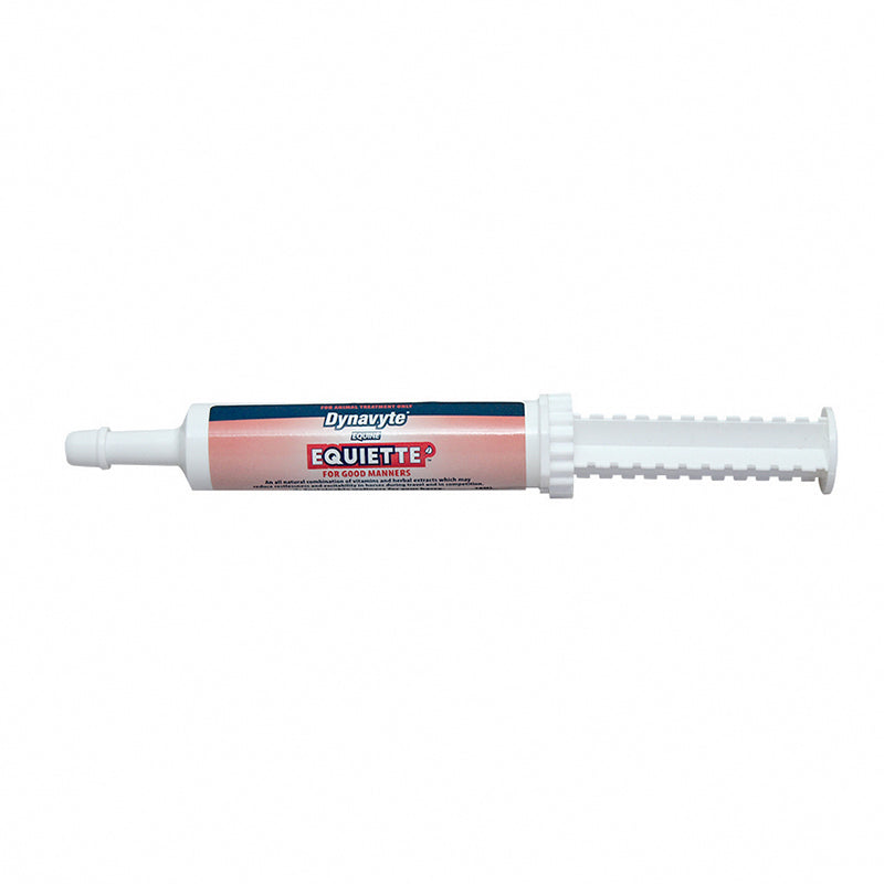 A syringe labeled 'Equiette for Good Manners 30mL' intended for administration to animals.