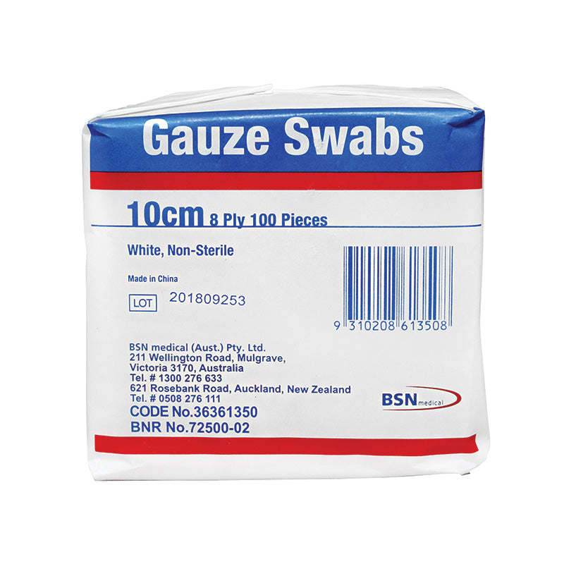 Gauze Swab 10cm x 10cm x 8 ply Pack of 100.