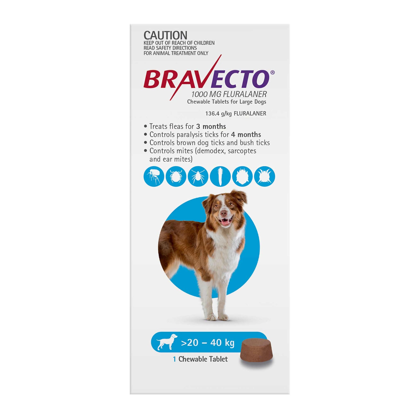 Bravecto 3-Month Chews for Large Dogs 20-40kg (Blue)