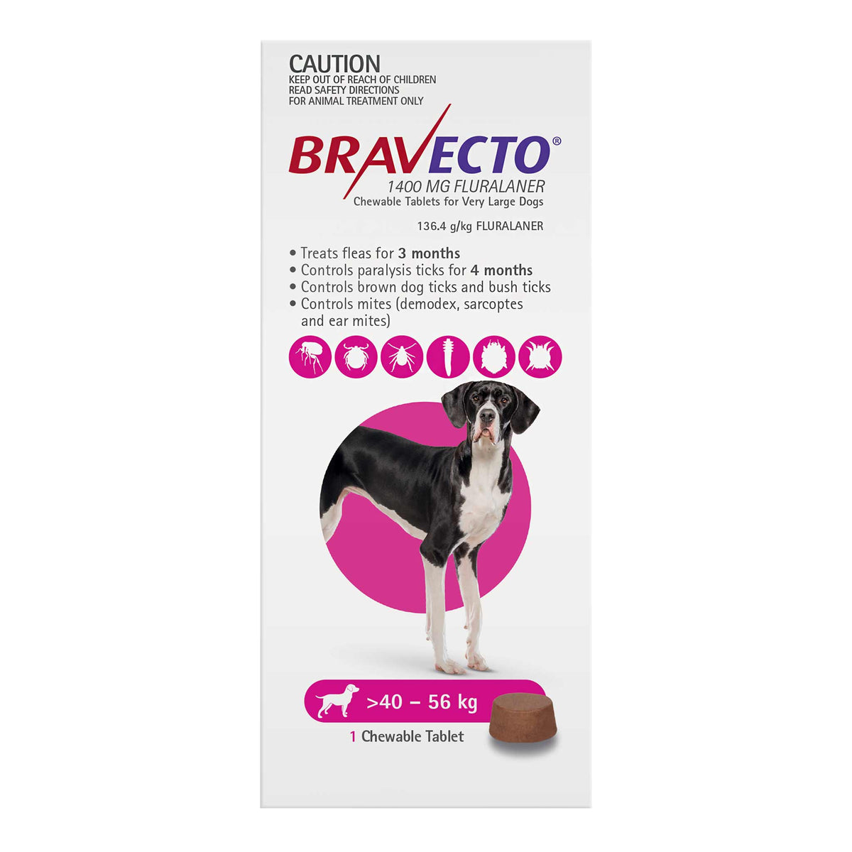 Bravecto 3-Month Chews for Very Large Dogs 40-56kg (Pink)