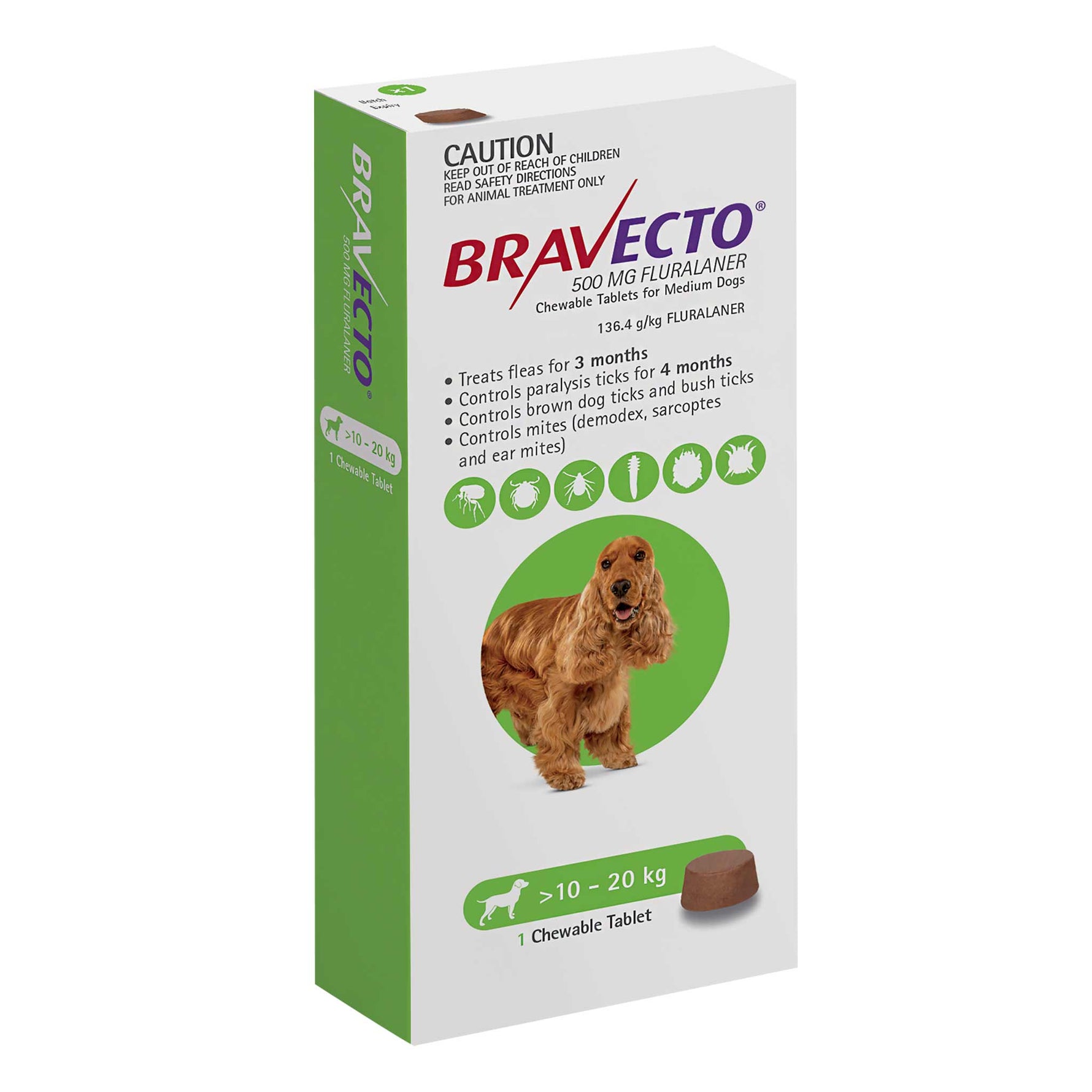 Bravecto 3-Month Chews for Medium Dogs 10-20kg (Green)