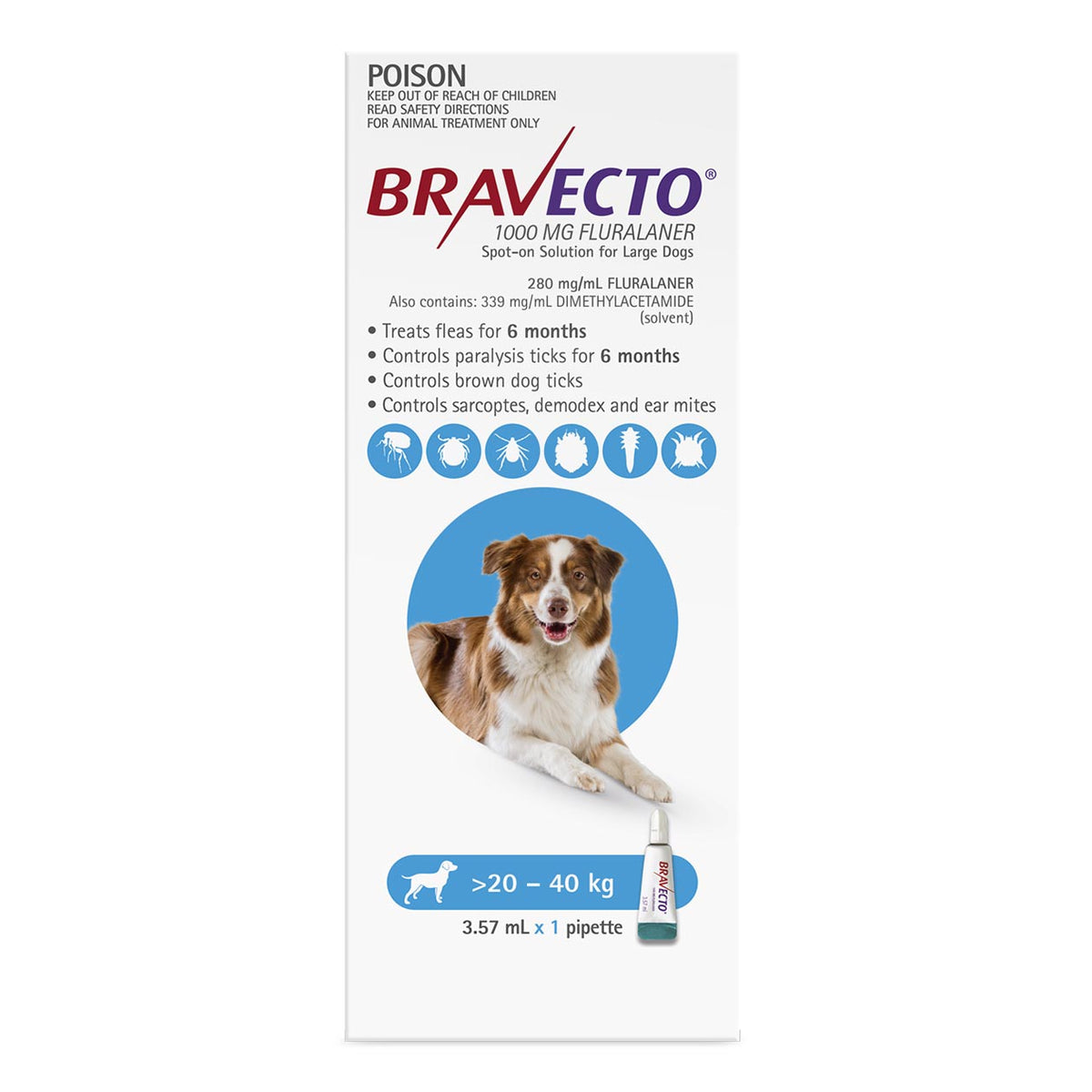Bravecto Spot-on for Dogs 20kg-40kg (Blue) - 1 Pack