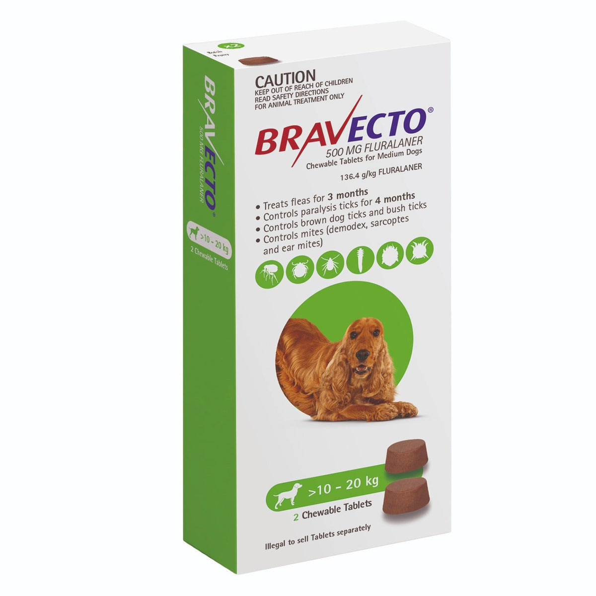 Bravecto 3-Month Chews for Medium Dogs 10-20kg (Green) - 2 x 2 Chew Value Bundle