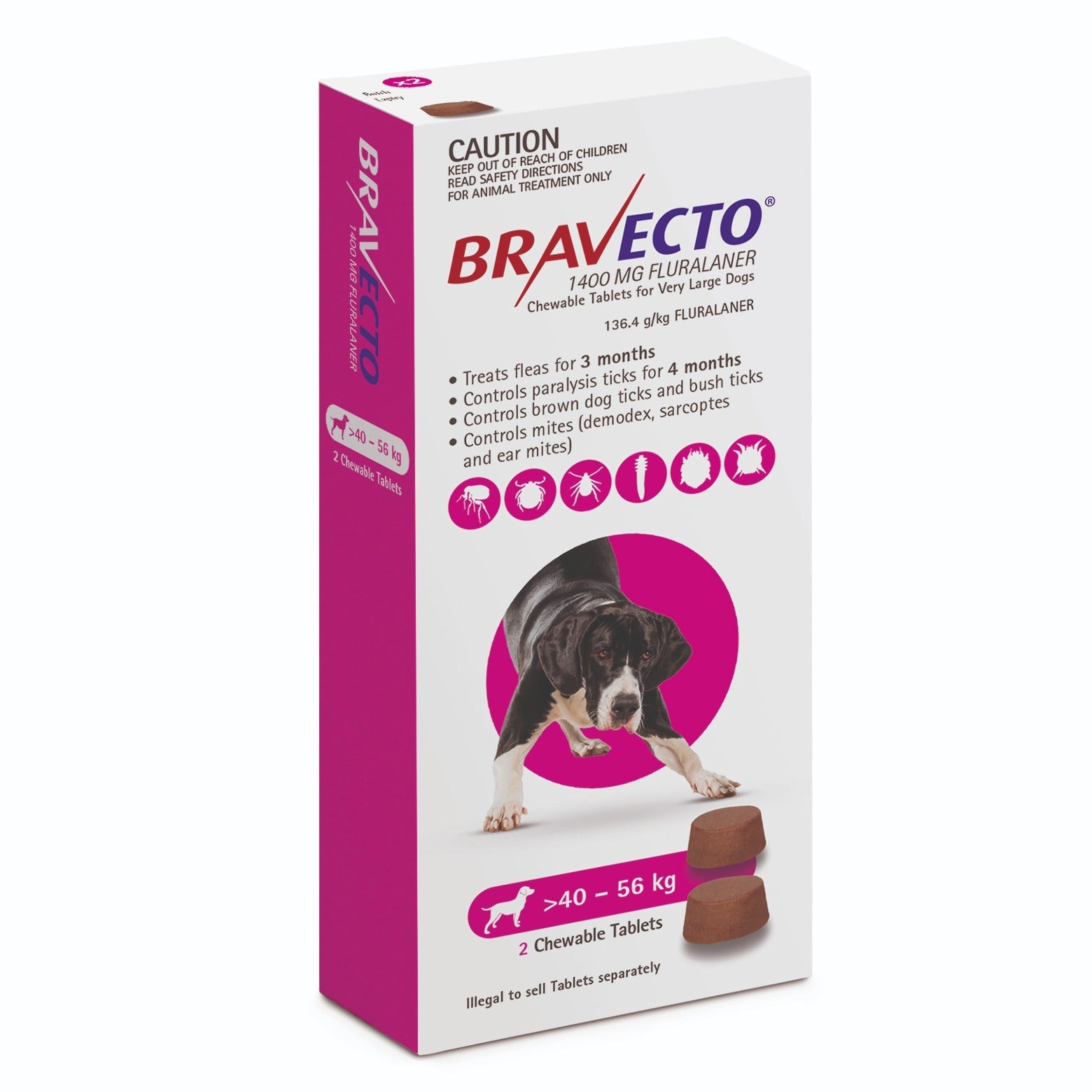 Bravecto 3-Month Chews for Very Large Dogs 40-56kg (Pink) - 2 x 2 Chew Value Bundle