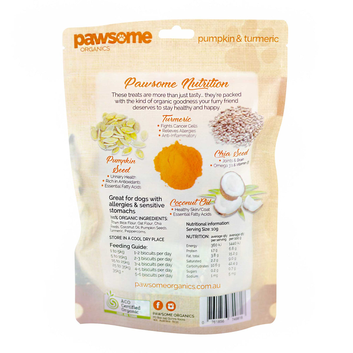 Pawsome Organics Pumpkin &amp; Turmeric Dog Treats 200g