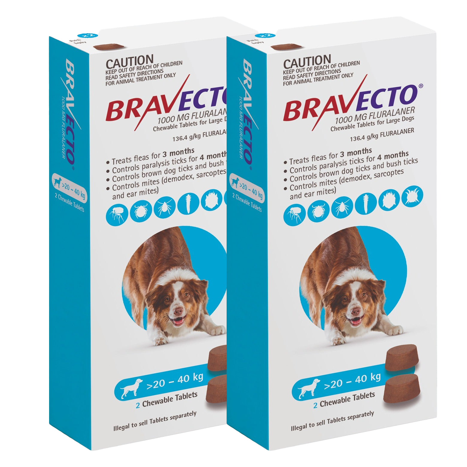 Bravecto 3-Month Chews for Large Dogs 20-40kg (Blue) - 2 x 2 Chew Value Bundle