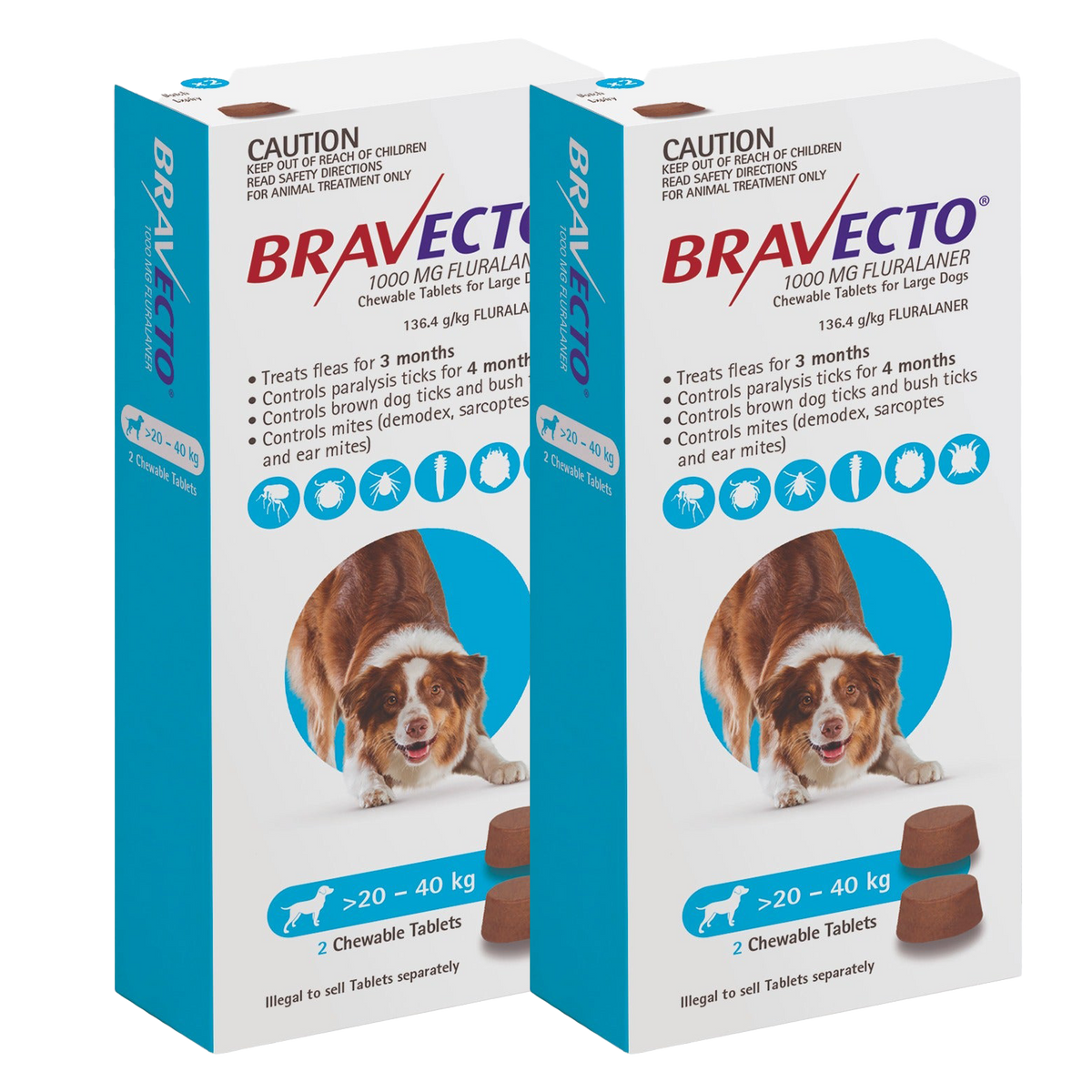 Bravecto 3-Month Chews for Large Dogs 20-40kg (Blue) - 2 x 2 Chew Value Bundle