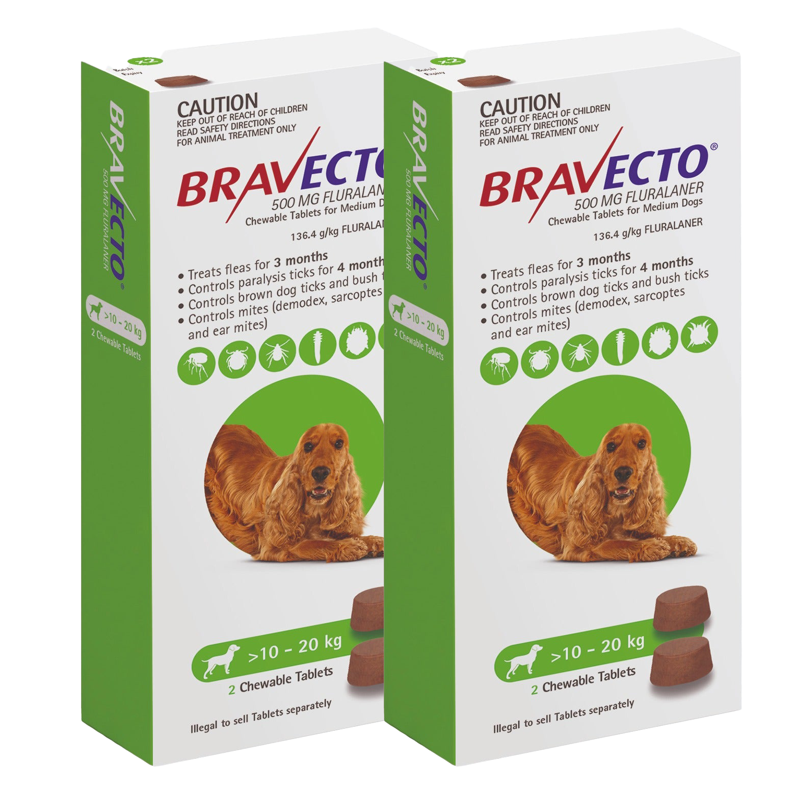 Bravecto 3-Month Chews for Medium Dogs 10-20kg (Green) - 2 x 2 Chew Value Bundle