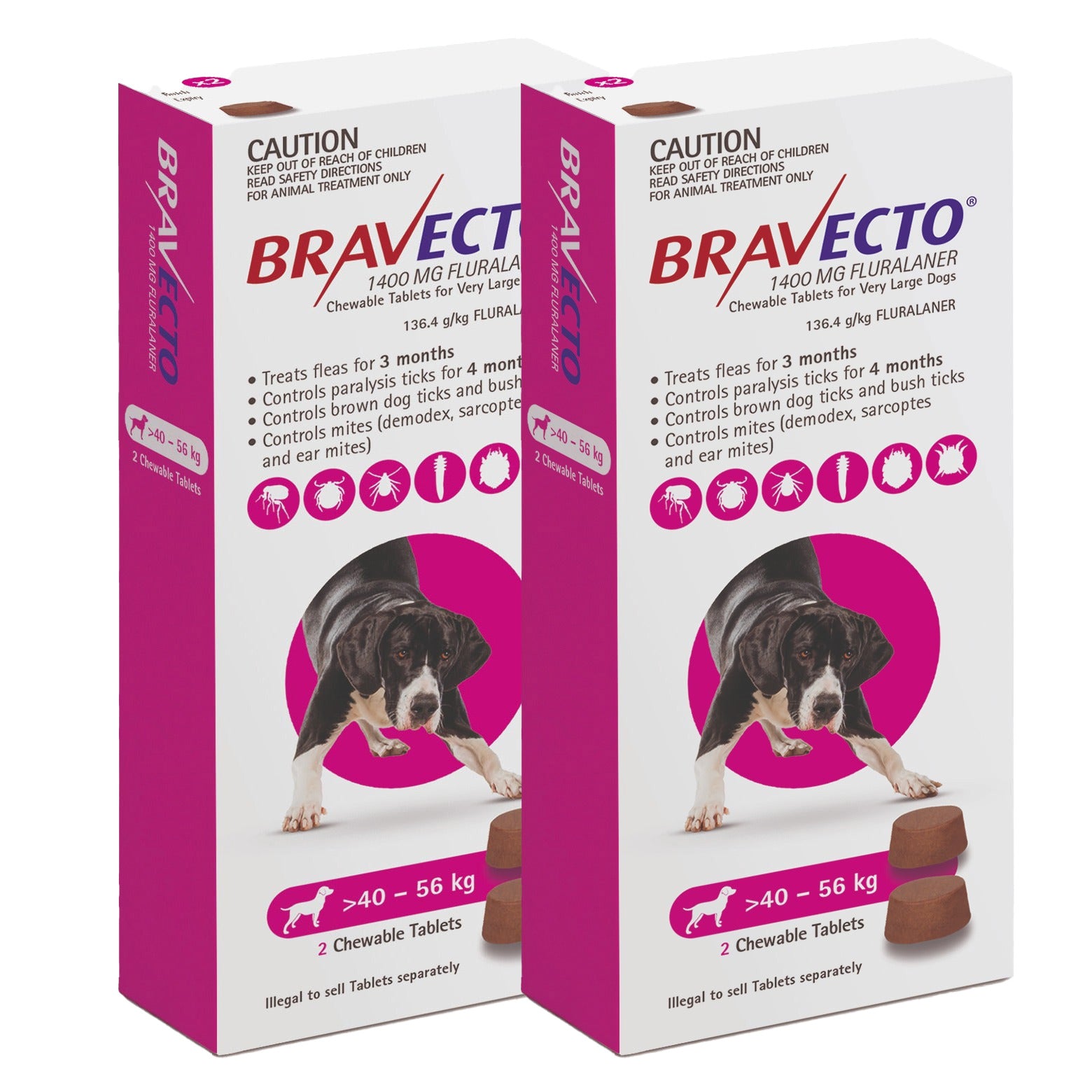 Bravecto 3-Month Chews for Very Large Dogs 40-56kg (Pink) - 2 x 2 Chew Value Bundle