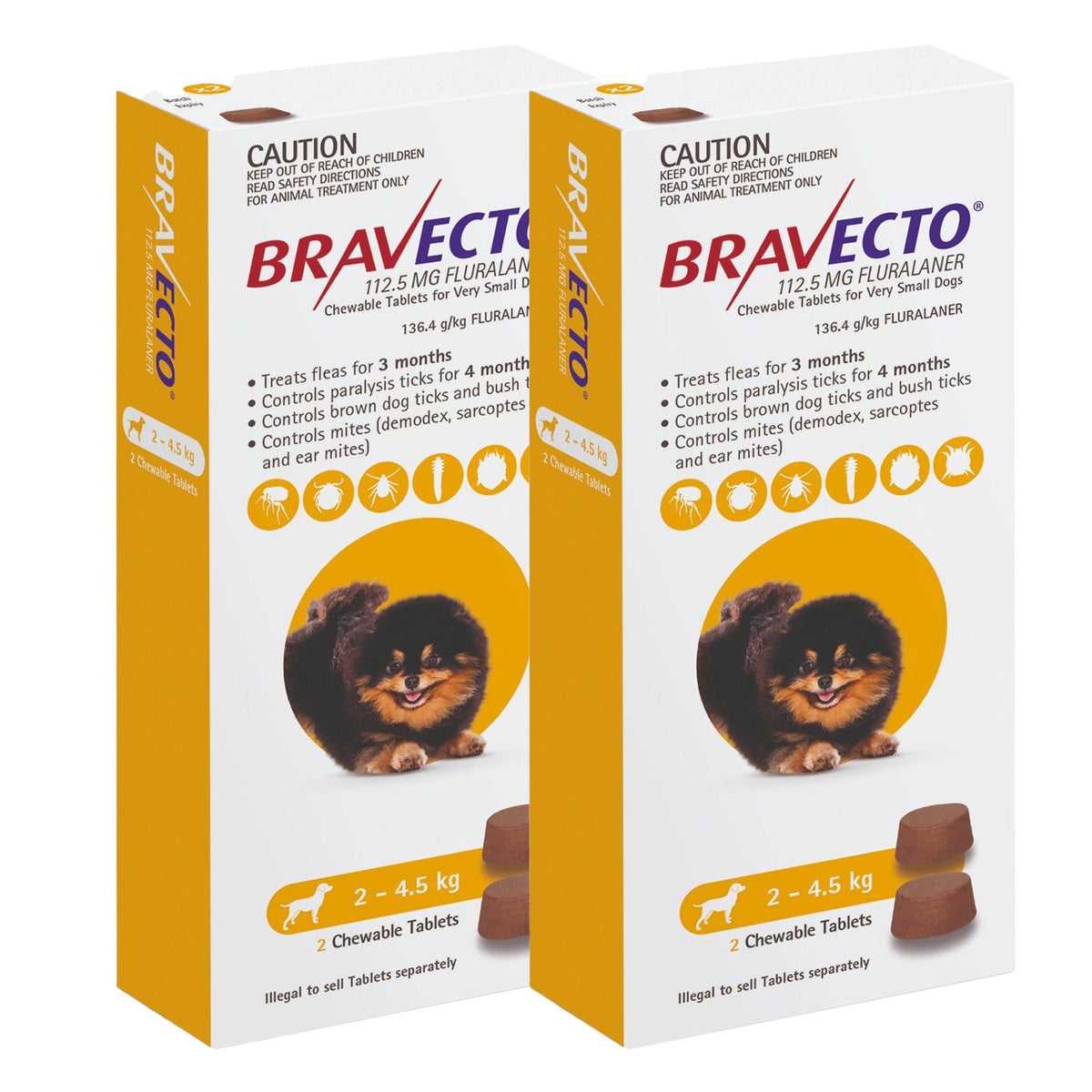 Bravecto 3-Month Chews for Very Small Dogs 2-4.5kg (Yellow) - 2 x 2 Chew Value Bundle