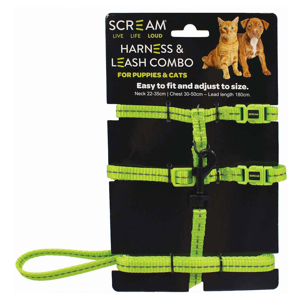 Scream Reflective Adjustable Nylon Cat/Puppy Harness &amp; Leash Combo