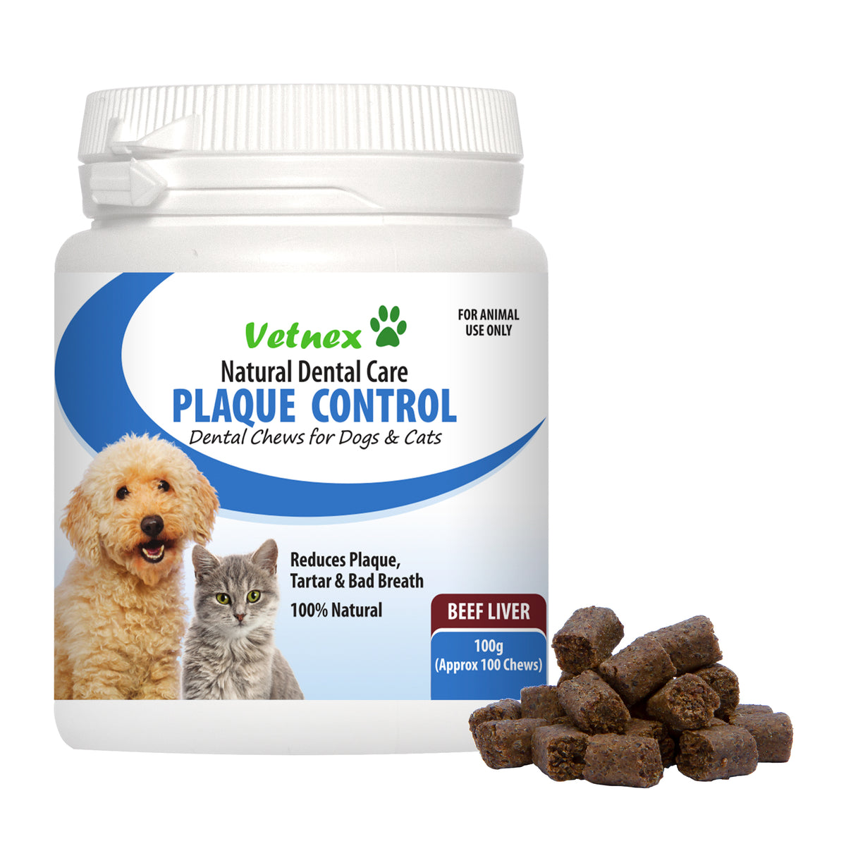 Vetnex Plaque Control Dental Chews for Dogs &amp; Cats 100g - Beef Liver